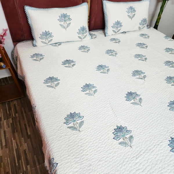 Calming Blue - Hand Blocked Quilted Bedcover
