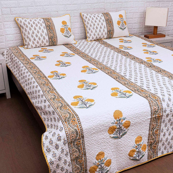 Yellow Floral Buta - Hand Blocked Quilted Bedcover