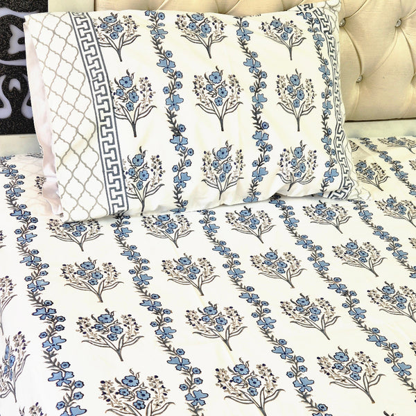 Blue Florals Block Print Sheet Set