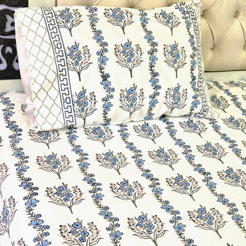 Blue Florals Block Print Sheet Set