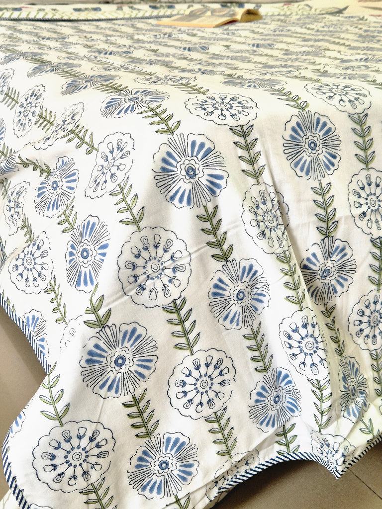 Blue and White Floral Print Single Hand Blocked Dohar