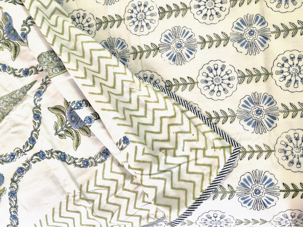 Blue and White Floral Print Single Hand Blocked Dohar