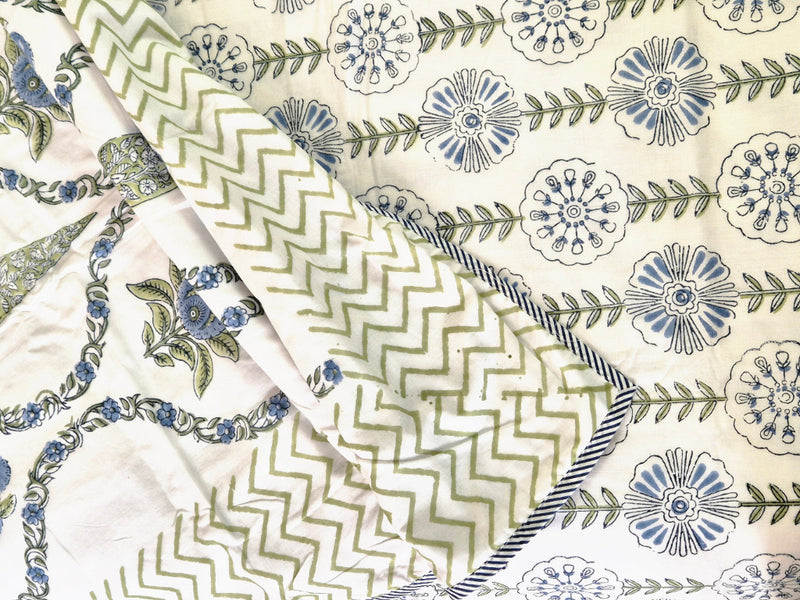 Blue and White Floral Print Single Hand Blocked Dohar