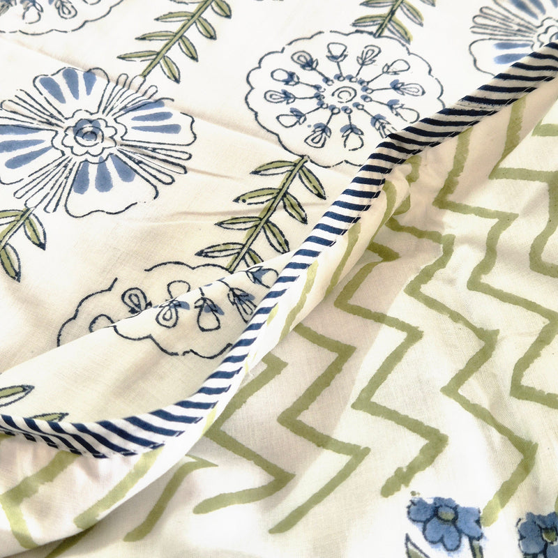 Blue and White Floral Print Single Hand Blocked Dohar