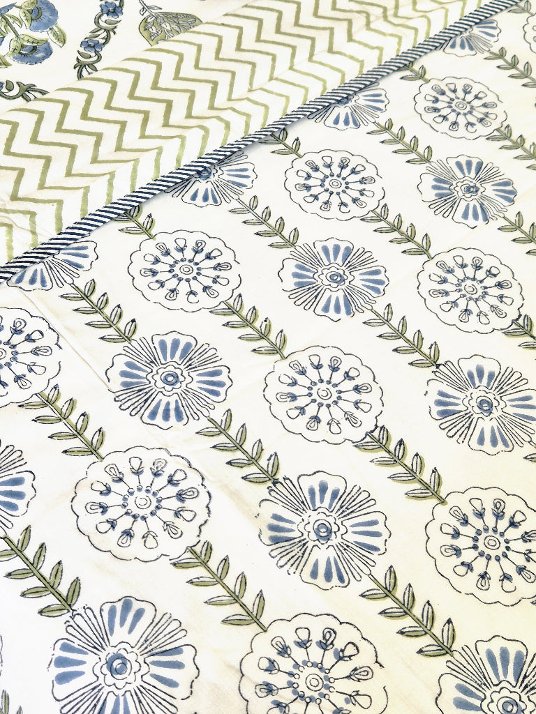 Blue and White Floral Print Single Hand Blocked Dohar