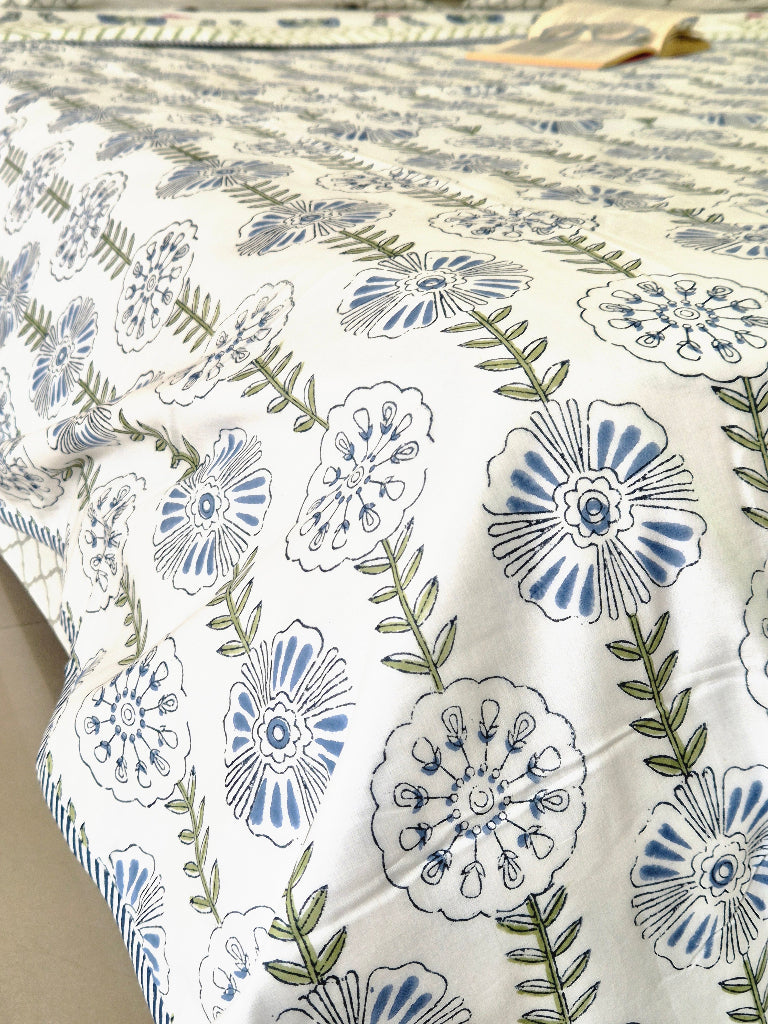 Blue and White Floral Print Single Hand Blocked Dohar