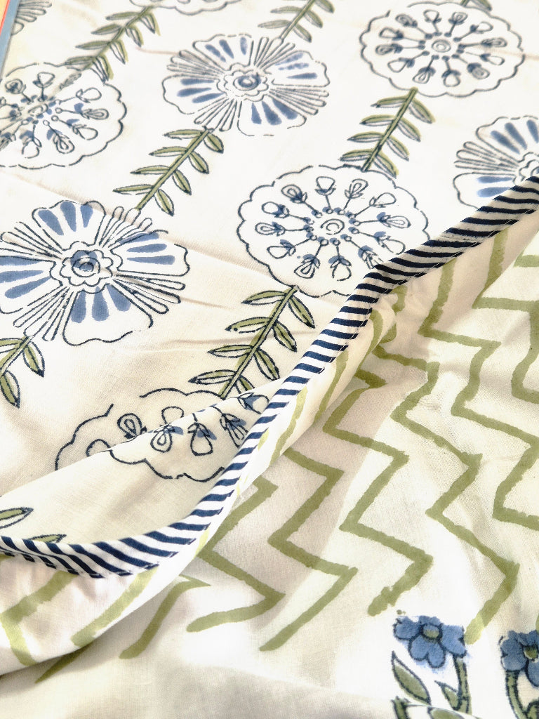 Blue and White Floral Print Single Hand Blocked Dohar