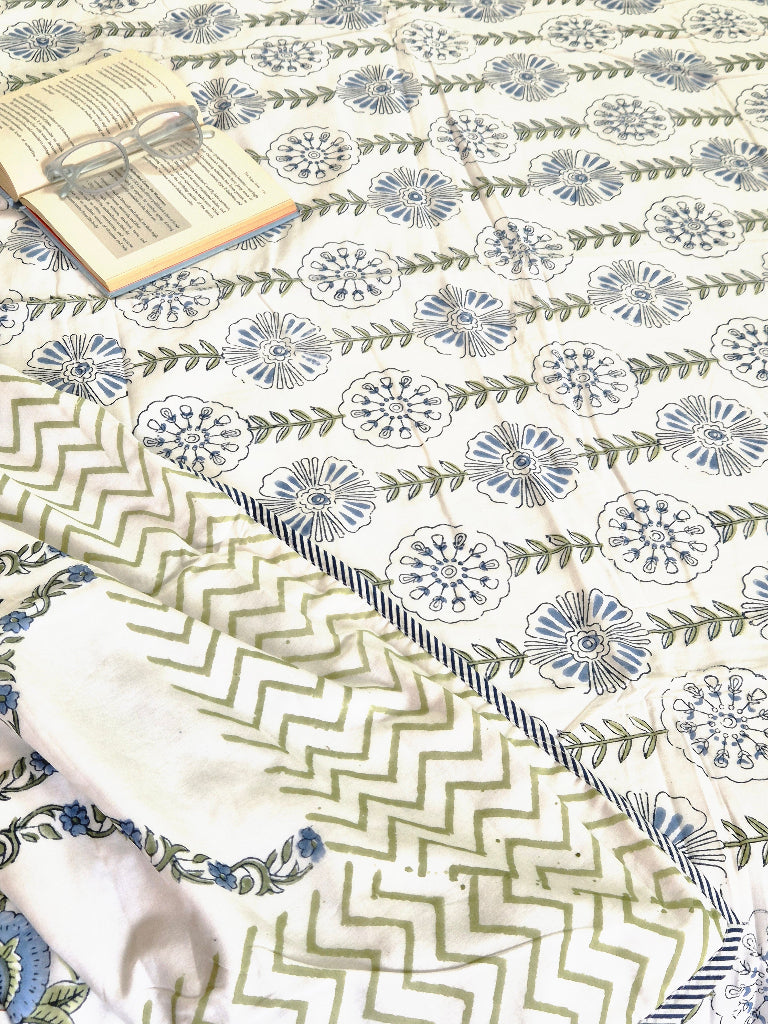 Blue and White Floral Print Single Hand Blocked Dohar