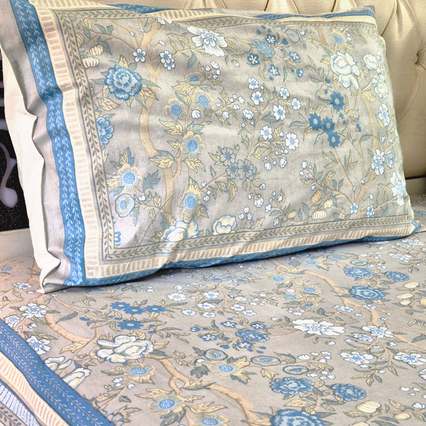 Blue and Grey Floral Charm Cotton Bedsheet