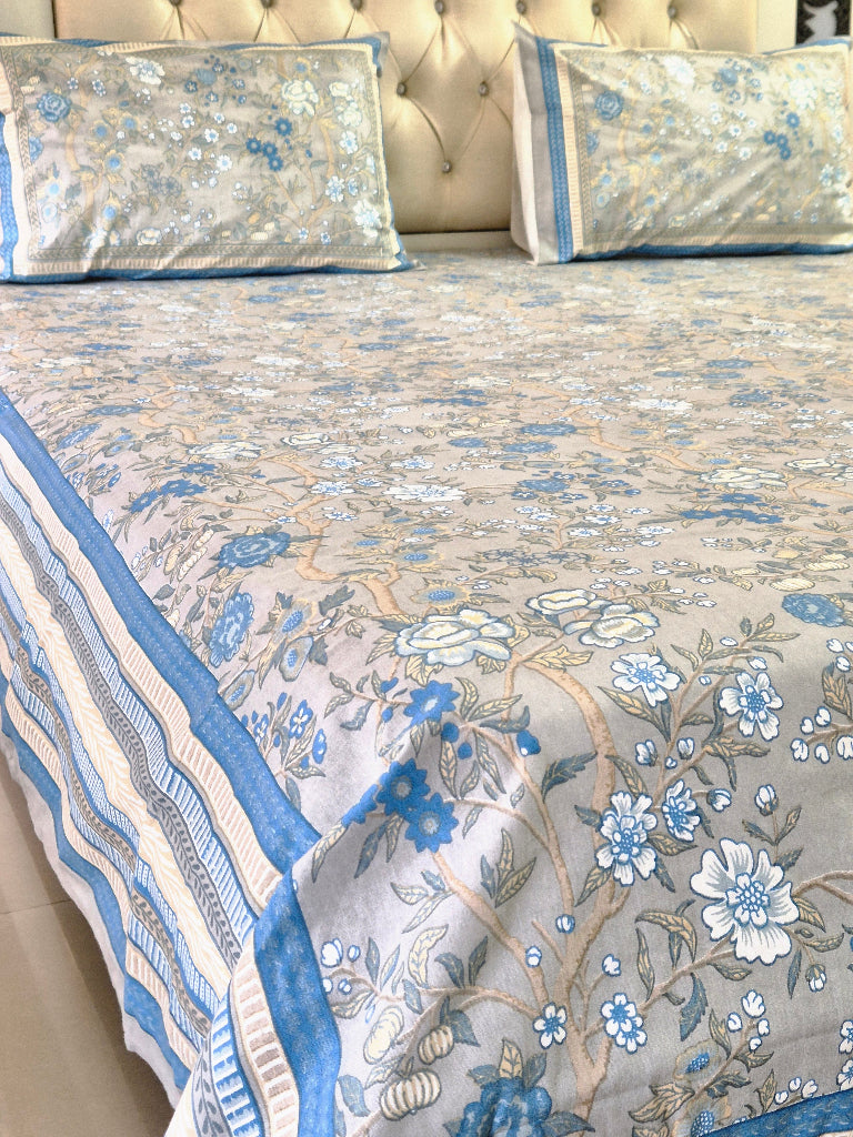 Blue and Grey Floral Charm Cotton Bedsheet