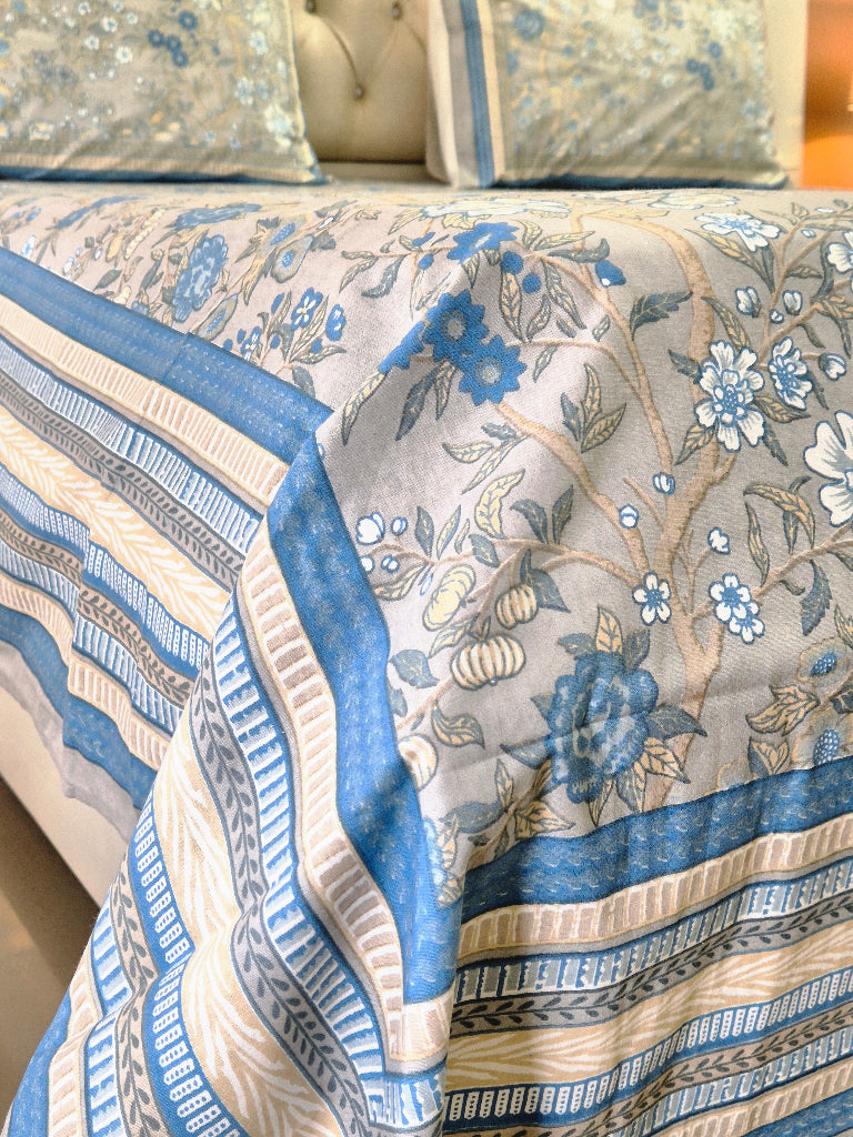 Blue and Grey Floral Charm Cotton Bedsheet