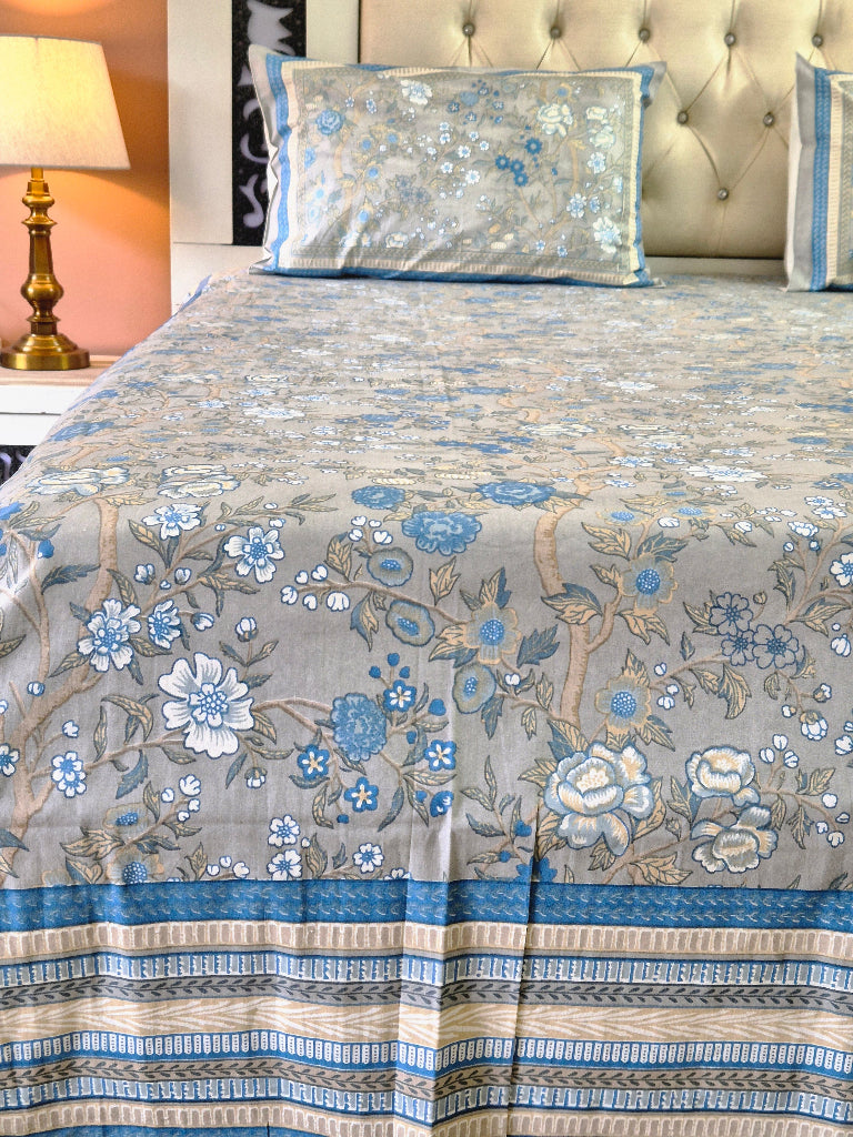 Blue and Grey Floral Charm Cotton Bedsheet