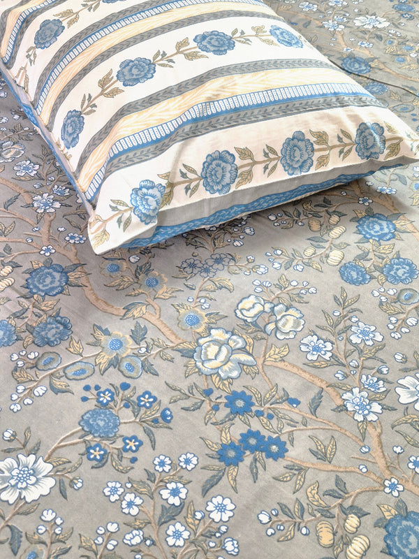 Blue and Grey Floral Charm Cotton Bedsheet