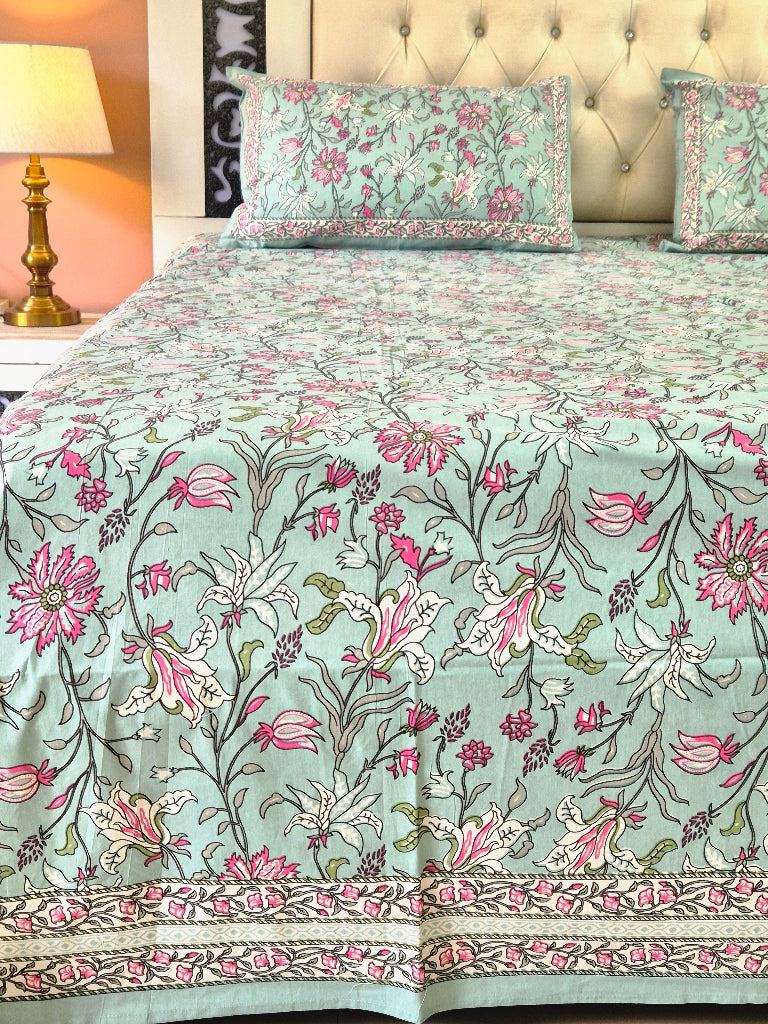 Minty Floral Charm Cotton Bedsheet
