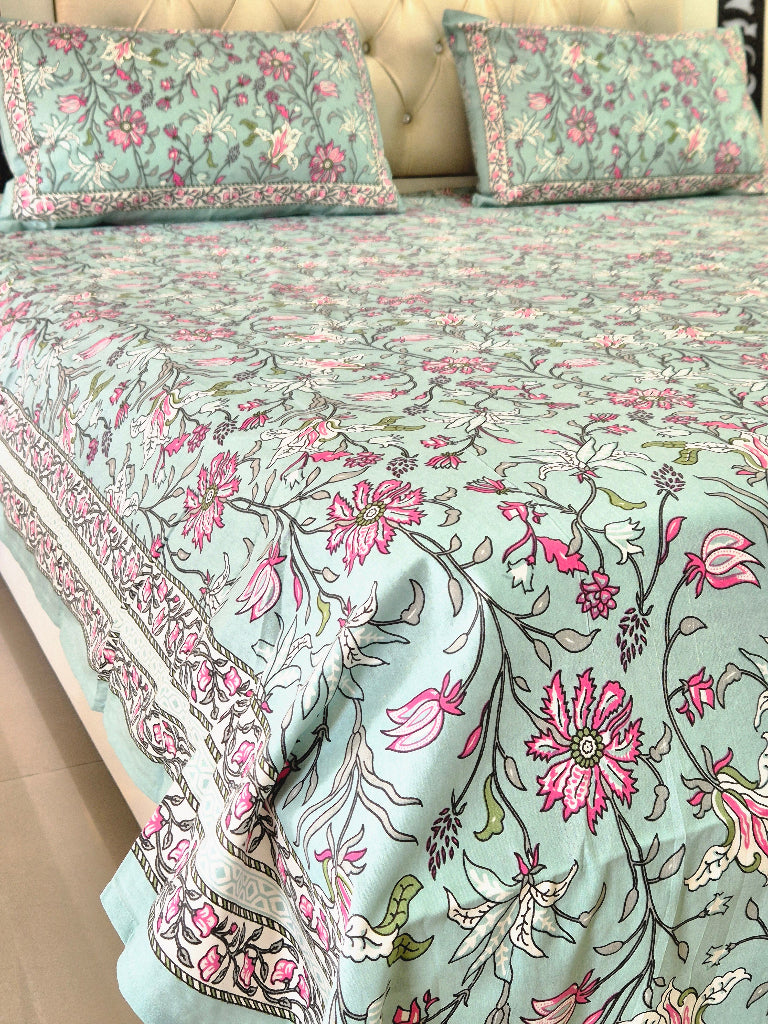 Minty Floral Charm Cotton Bedsheet