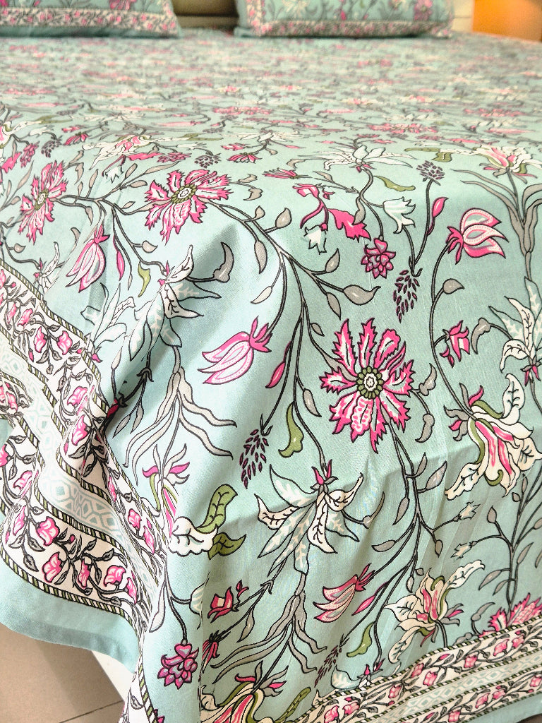 Minty Floral Charm Cotton Bedsheet