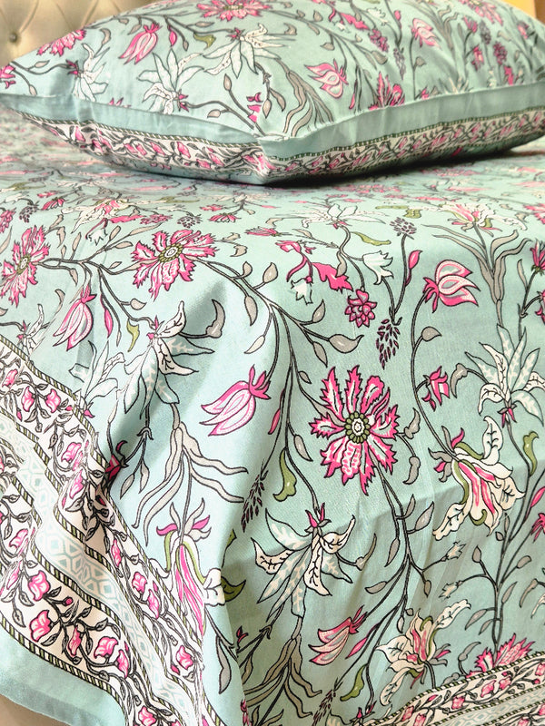 Minty Floral Charm Cotton Bedsheet