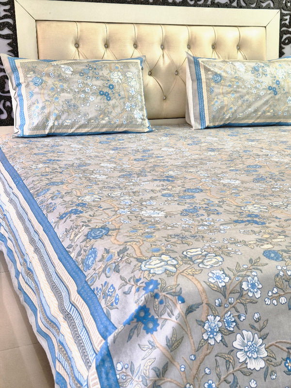 Blue and Grey Floral Charm Cotton Bedsheet