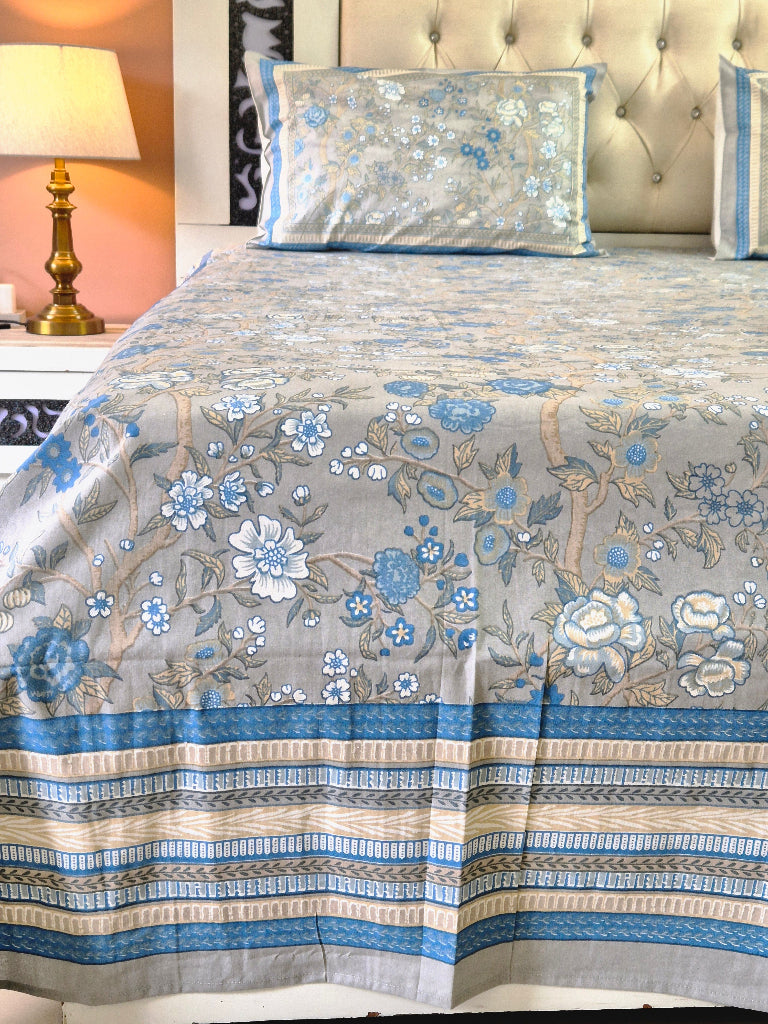 Blue and Grey Floral Charm Cotton Bedsheet