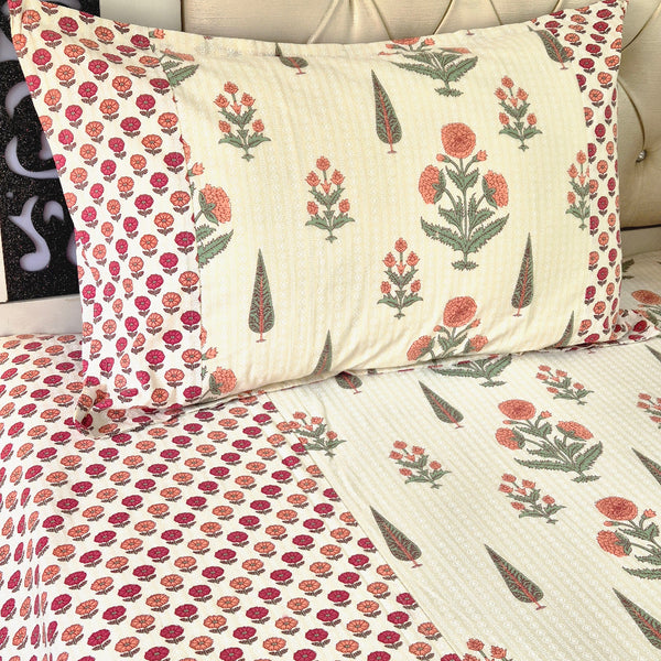Off White Magnificent Floral Ajrakh Bedsheet