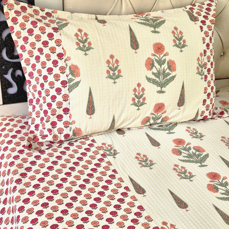 Off White Magnificent Floral Ajrakh Bedsheet