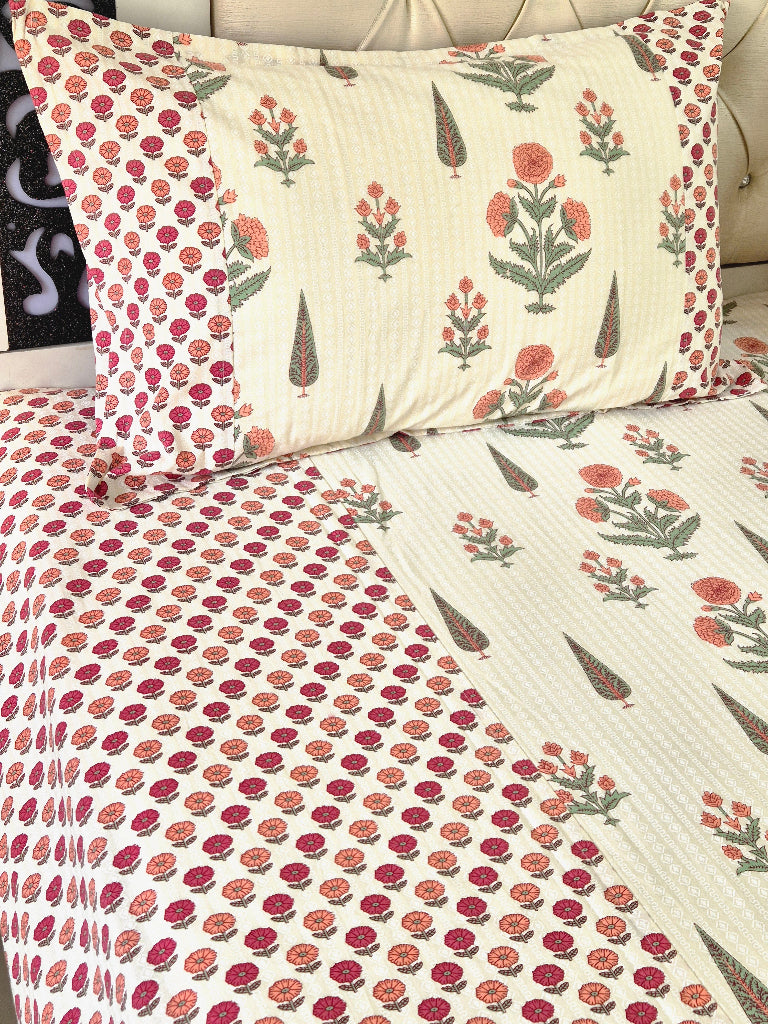 Off White Magnificent Floral Ajrakh Bedsheet