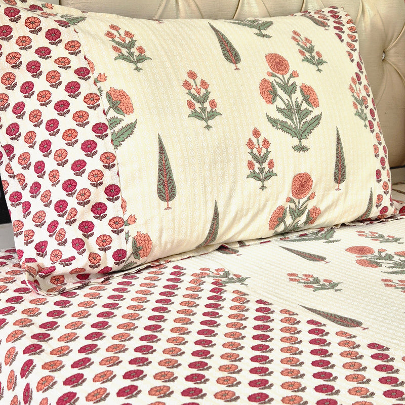 Off White Magnificent Floral Ajrakh Bedsheet