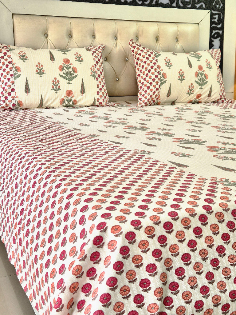 Off White Magnificent Floral Ajrakh Bedsheet
