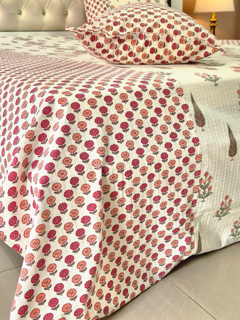 Off White Magnificent Floral Ajrakh Bedsheet