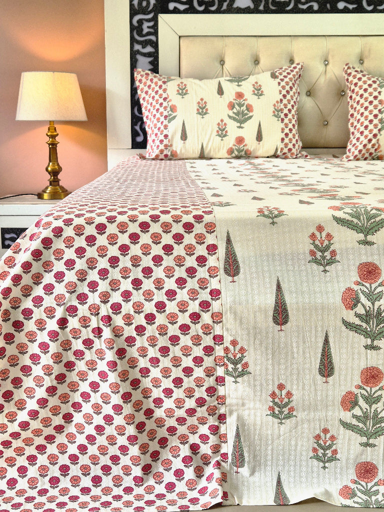 Off White Magnificent Floral Ajrakh Bedsheet
