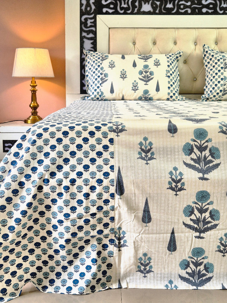 Cypress and Floral Print Ajrakh Bedsheet