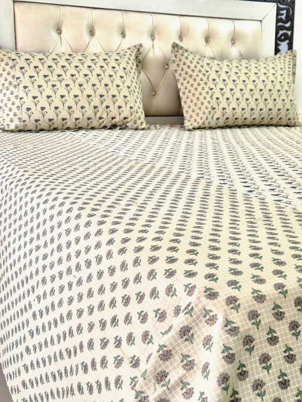 Beige Floral Buti Print Ajrakh Bedsheet