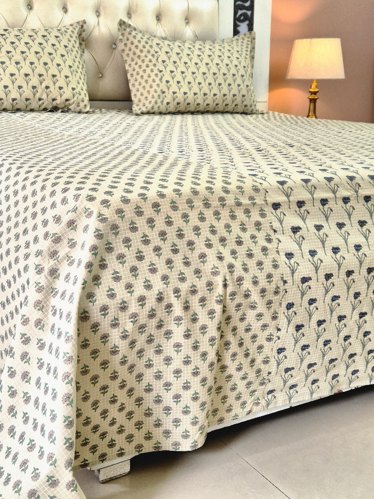 Beige Floral Buti Print Ajrakh Bedsheet