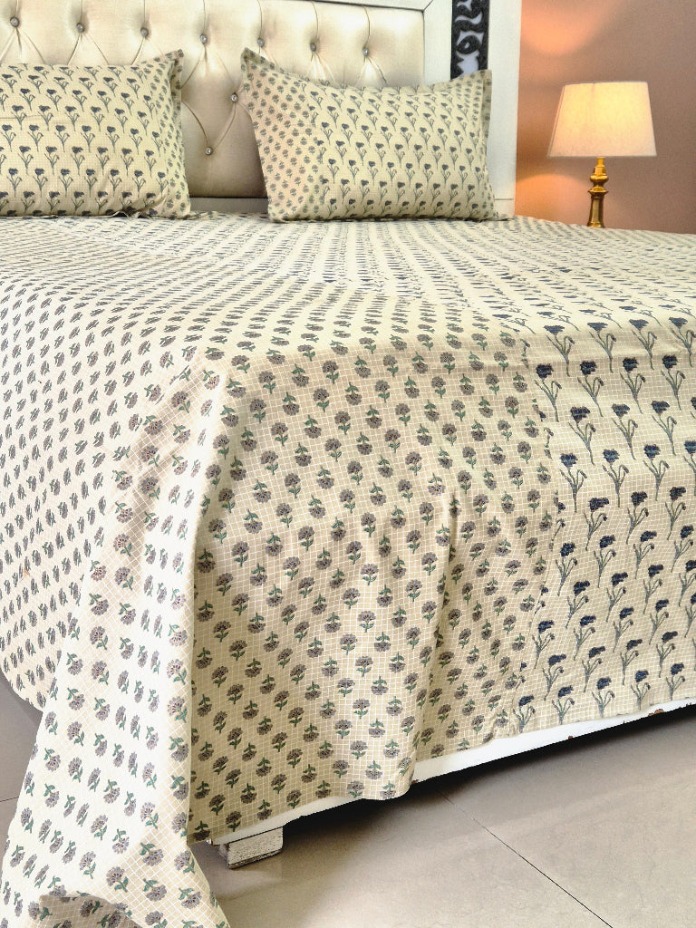 Beige Floral Buti Print Ajrakh Bedsheet