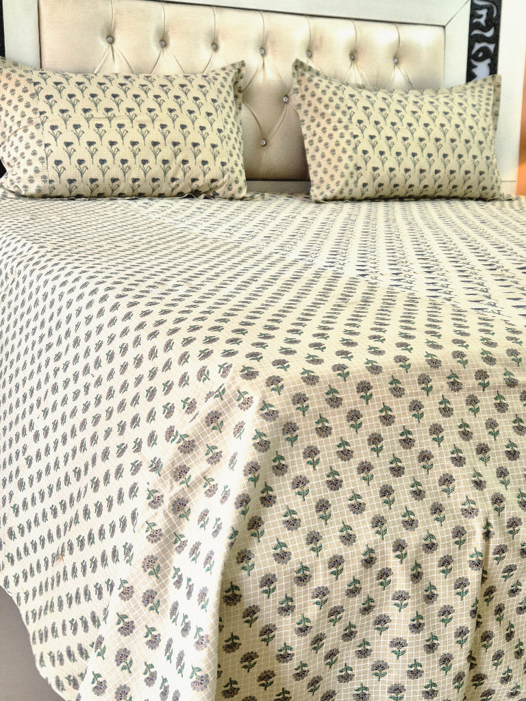 Beige Floral Buti Print Ajrakh Bedsheet