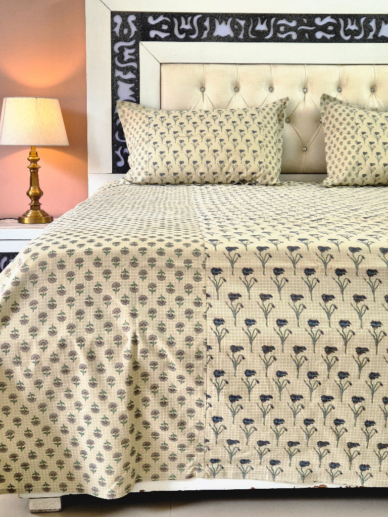 Beige Floral Buti Print Ajrakh Bedsheet