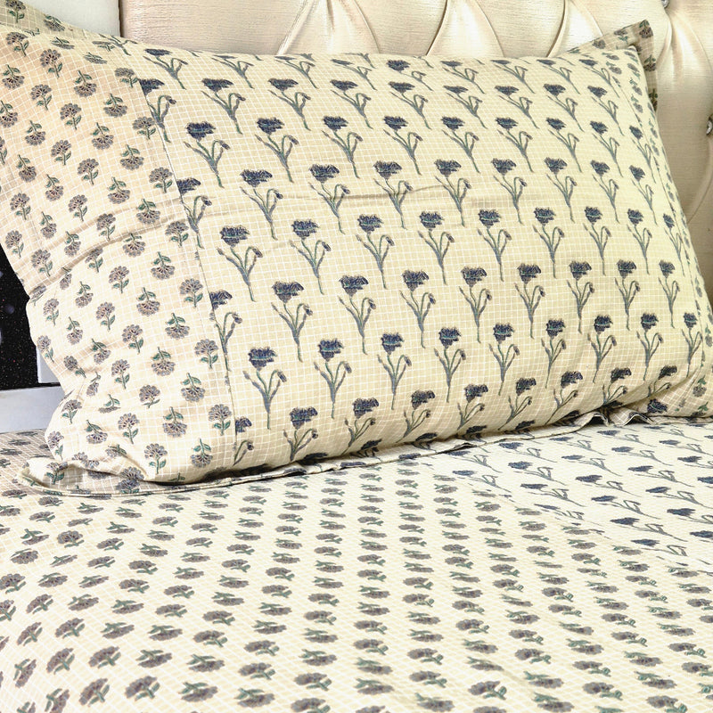 Beige Floral Buti Print Ajrakh Bedsheet