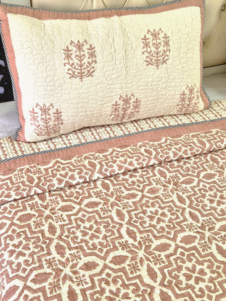 Rosy Glow Hand Blocked Quilted Bedcover