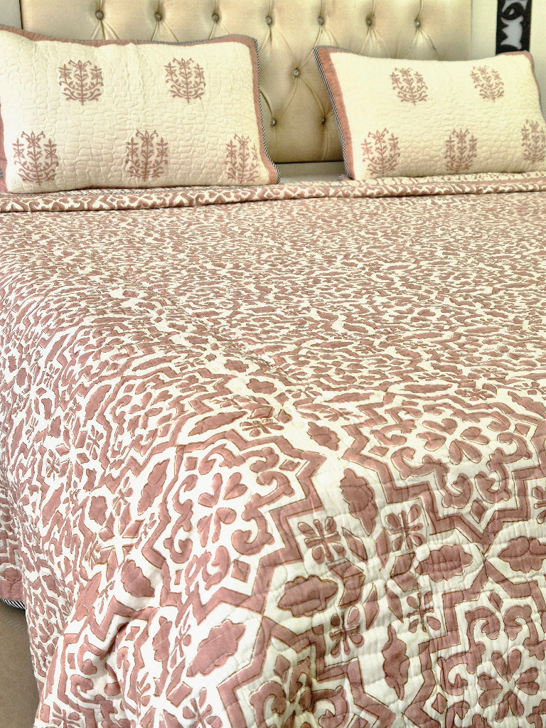 Rosy Glow Hand Blocked Quilted Bedcover