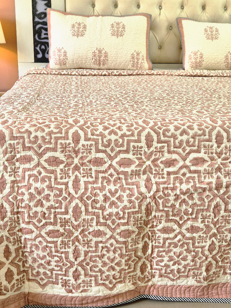 Rosy Glow Hand Blocked Quilted Bedcover
