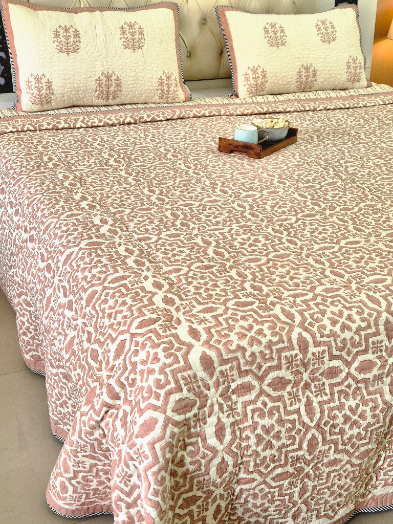 Rosy Glow Hand Blocked Quilted Bedcover