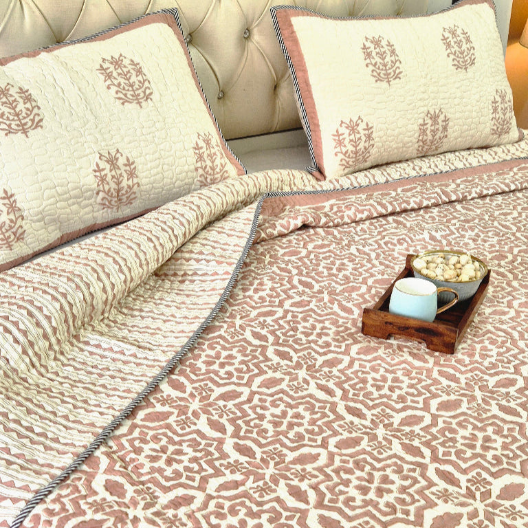 Rosy Glow Hand Blocked Quilted Bedcover