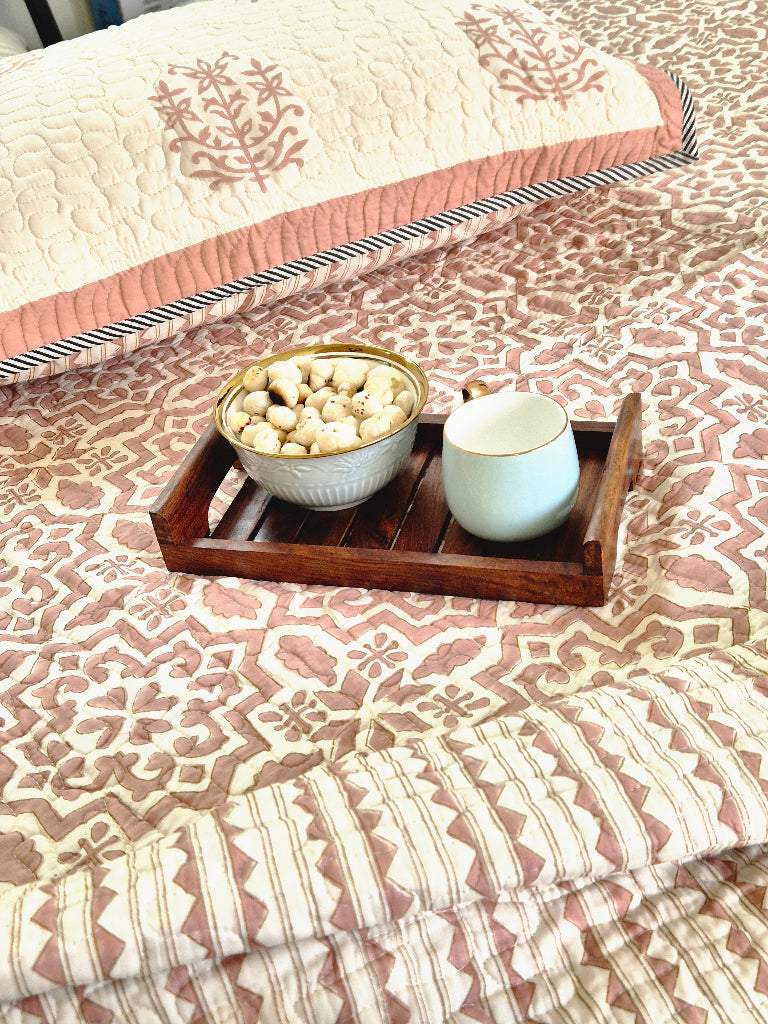 Rosy Glow Hand Blocked Quilted Bedcover