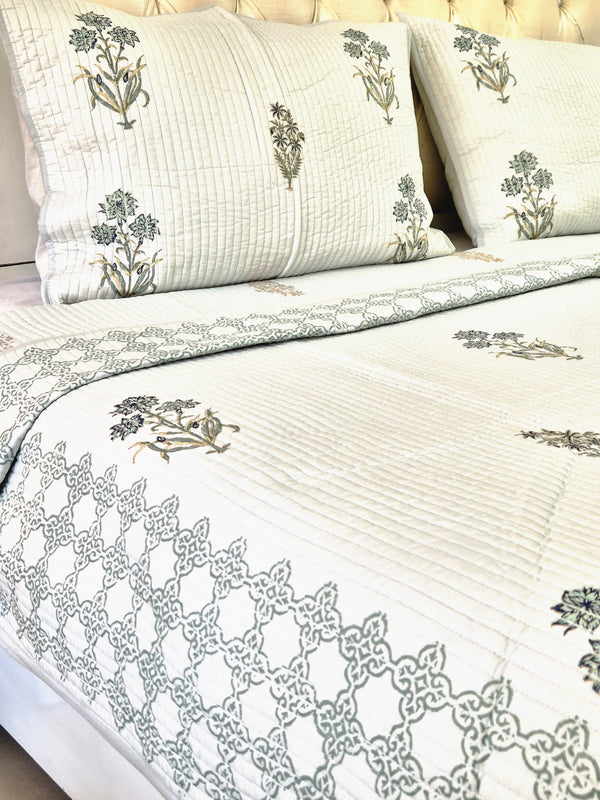 Powder Blue base with Floral Motifs - Hand Blocked Quilted Bedcover