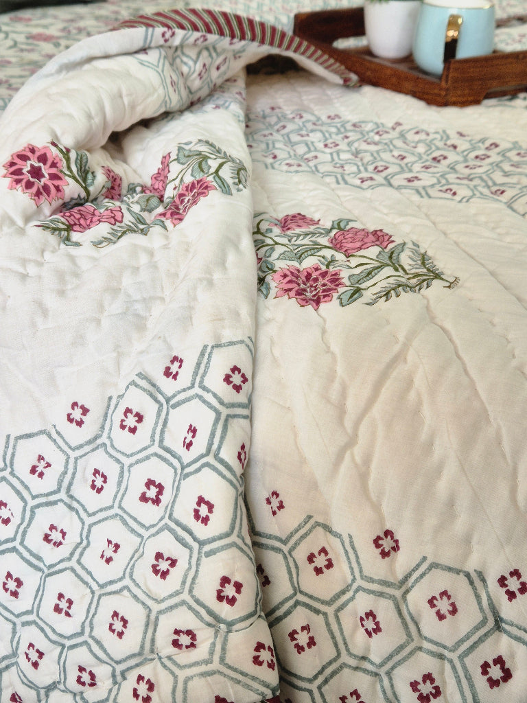 Floral Bloom Single Hand-blocked Quilt