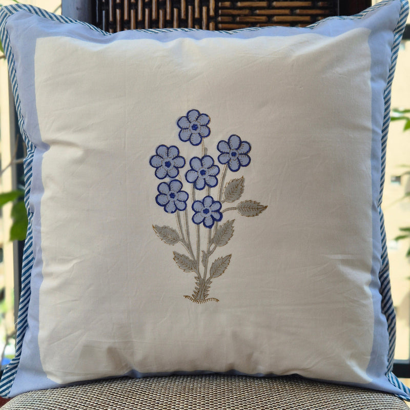 Blue Floral Motif Hand Blocked Cushion Cover