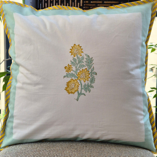 Yellow Leafy Floral Hand Blocked Cushion Cover
