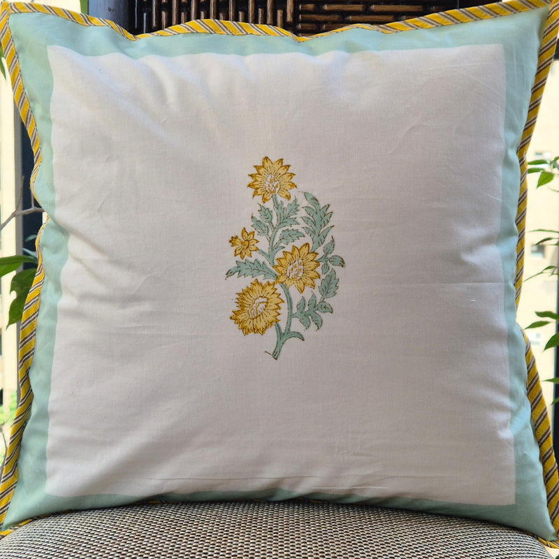 Yellow Leafy Floral Hand Blocked Cushion Cover