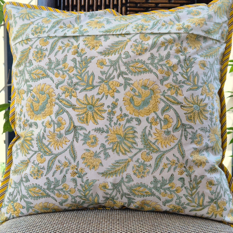 Yellow Leafy Floral Hand Blocked Cushion Cover