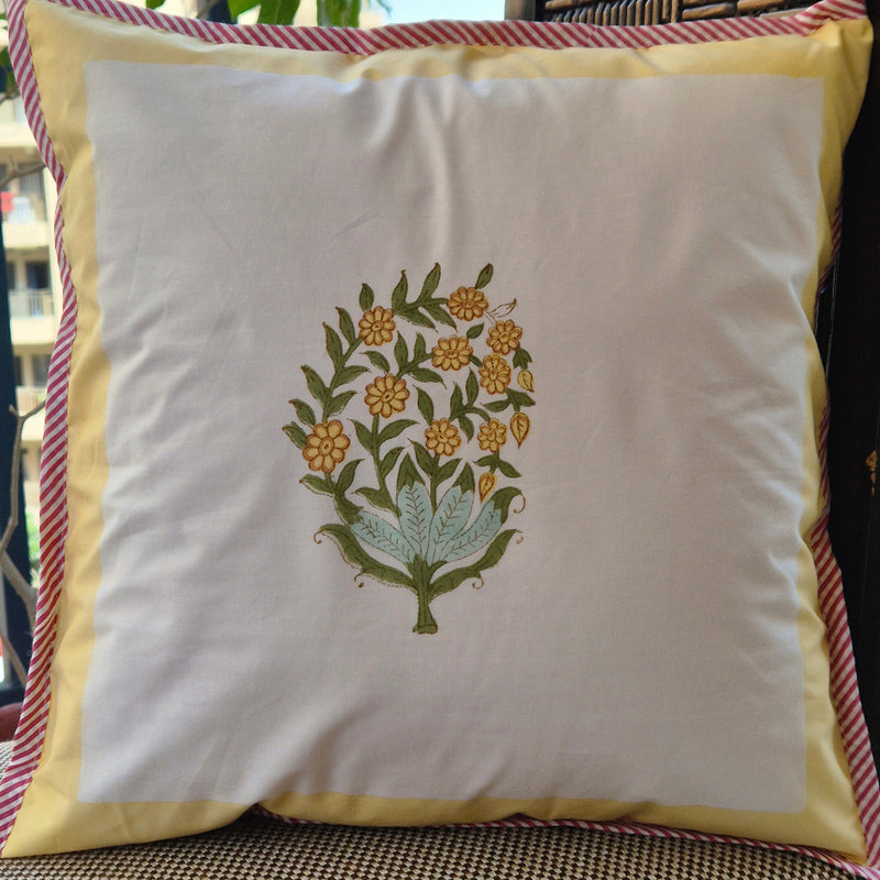 Yellow Floral Motif Hand Blocked Cushion Cover